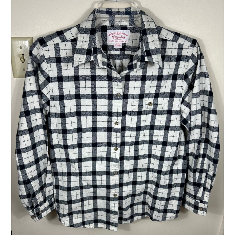 Filson Alaskan Guide Shirt Women L Black Cream Plaid Flannel Cotton Button Down